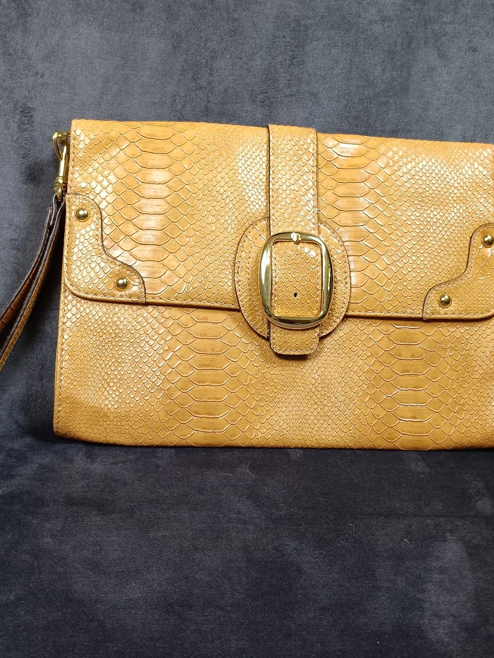 Tan Snake-Embossed Wristlet Clutch with Gold Buckle Perfect Size To Grab And Go